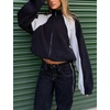 Women’s Color Block Fleece Jacket Stand Collar Zip Up Track Coat(Black)