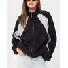 Women’s Color Block Fleece Jacket Stand Collar Zip Up Track Coat(Black)