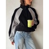 Women’s Color Block Fleece Jacket Stand Collar Zip Up Track Coat(Black)