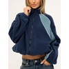 Women’s Color Block Fleece Jacket Stand Collar Zip Up Track Coat(Darkblue)