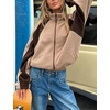Women’s Color Block Fleece Jacket Stand Collar Zip Up Track Coat(Khaki)