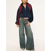 Women’s Color Block Fleece Jacket Stand Collar Zip Up Track Coat(Navy)