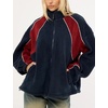 Women’s Color Block Fleece Jacket Stand Collar Zip Up Track Coat(Navy)
