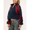 Women’s Color Block Fleece Jacket Stand Collar Zip Up Track Coat(Navy)