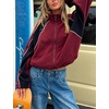 Women’s Color Block Fleece Jacket Stand Collar Zip Up Track Coat(Wine)