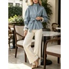 Women’s Cropped Trench Coat Casual Jacket Lace Cuff Belted Waist(Bluegrey)