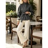 Women’s Cropped Trench Coat Casual Jacket Lace Cuff Belted Waist(Grey)