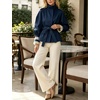 Women’s Cropped Trench Coat Casual Jacket Lace Cuff Belted Waist(Navy)