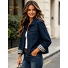 Women’s Cropped Trench Jacket Button Down Plaid Lined Coat(Navy)