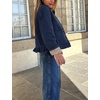 Women’s Cropped Trench Jacket Ruffle Hem Floral Lined Coat(Navy)