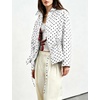 Women’s Drawstring Polka Dot Jackets Funnel Neck Button Down Short Casual Lightweight Parka Coat with Pockets(Beige)