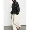 Women’s Drawstring Polka Dot Jackets Funnel Neck Button Down Short Casual Lightweight Parka Coat with Pockets(Black)