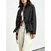 Women’s Drawstring Polka Dot Jackets Funnel Neck Button Down Short Casual Lightweight Parka Coat with Pockets(Black)