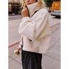 Women’s Fleece Cropped Jacket Funnel Neck Zip Up Fuzzy Teddy Coat(Beige)