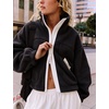 Women’s Fleece Cropped Jacket Funnel Neck Zip Up Fuzzy Teddy Coat(Black)