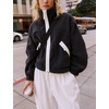 Women’s Fleece Cropped Jacket Funnel Neck Zip Up Fuzzy Teddy Coat(Black)