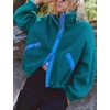 Women’s Fleece Cropped Jacket Funnel Neck Zip Up Fuzzy Teddy Coat(Green)