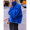 Women’s Fleece Cropped Jacket Funnel Neck Zip Up Fuzzy Teddy Coat(Royalblue)