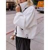 Women’s Fleece Cropped Jacket Funnel Neck Zip Up Fuzzy Teddy Coat(White)