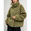 Women’s Heart Print Sherpa Fleece Jacket Button Down Teddy Coat(Armygreen)