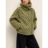 Women’s Heart Print Sherpa Fleece Jacket Button Down Teddy Coat(Armygreen)