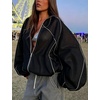 Women’s Mesh Track Jacket Oversized Zip Up Lightweight Coat(Black)