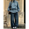 Women’s Polka Dot Casual Funnel Neck Lightweight Jackets(Bluegray)