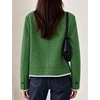 Women’s Tweed Jacket Button Down Contrast Trim Cropped Cardigan(Green)