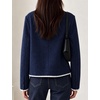 Women’s Tweed Jacket Button Down Contrast Trim Cropped Cardigan(Navy)