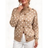 Yeokou Women Polka Dot Mock Neck Knit Cardigan Button Front Sweater Jacket(Khaki)