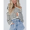 Yeokou Women Striped Off Shoulder Sweater Oversized Pullover(Black)