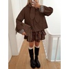Yeokou Women Trench Coat Detachable Hood Bow Tie Jacket(Brown)
