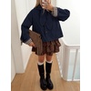 Yeokou Women Trench Coat Detachable Hood Bow Tie Jacket(Navy)