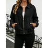 Yeokou Women’s Cropped Zip Up Denim Bomber Jacket Elastic Hem Cuffs Stretch Jean Coat for Casual Daily & Commute(Black)