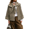 Women Cropped Trench Coat Fall Jacket Detachable Plaid Shawl Collar(Armygreen)
