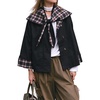 Women Cropped Trench Coat Fall Jacket Detachable Plaid Shawl Collar(Black)