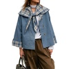 Women Cropped Trench Coat Fall Jacket Detachable Plaid Shawl Collar(Dustyblue)