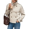 Women Houndstooth Jacket Double Breasted Stand Collar Coat(Khaki)