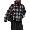 Women’s Buffalo Plaid Sherpa Fleece Jackets Funnel Neck Warm Coat(Black)