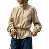 Women’s Casual Striped Jacket Stand Collar Button Down Cropped Coat(Khaki)
