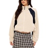 Women’s Color Block Fleece Jacket Stand Collar Zip Up Track Coat(Apricot)