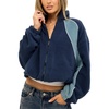 Women’s Color Block Fleece Jacket Stand Collar Zip Up Track Coat(Darkblue)