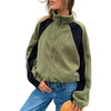 Women’s Color Block Fleece Jacket Stand Collar Zip Up Track Coat(Green)