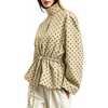 Women’s Drawstring Polka Dot Jackets Funnel Neck Button Down Short Casual Lightweight Parka Coat with Pockets(Khaki)