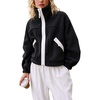 Women’s Fleece Cropped Jacket Funnel Neck Zip Up Fuzzy Teddy Coat(Black)