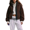Women’s Fleece Cropped Jacket Funnel Neck Zip Up Fuzzy Teddy Coat(Brown)