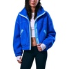Women’s Fleece Cropped Jacket Funnel Neck Zip Up Fuzzy Teddy Coat(Royalblue)