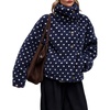 Women’s Heart Print Sherpa Fleece Jacket Button Down Teddy Coat(Navy)