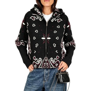 Women Bandana Paisley Knit Hooded Jacket Trendy Full Zip Sweater(Black)