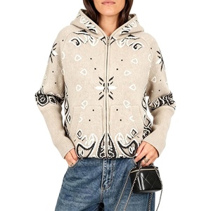 Women Bandana Paisley Knit Hooded Jacket Trendy Full Zip Sweater(Khaki)